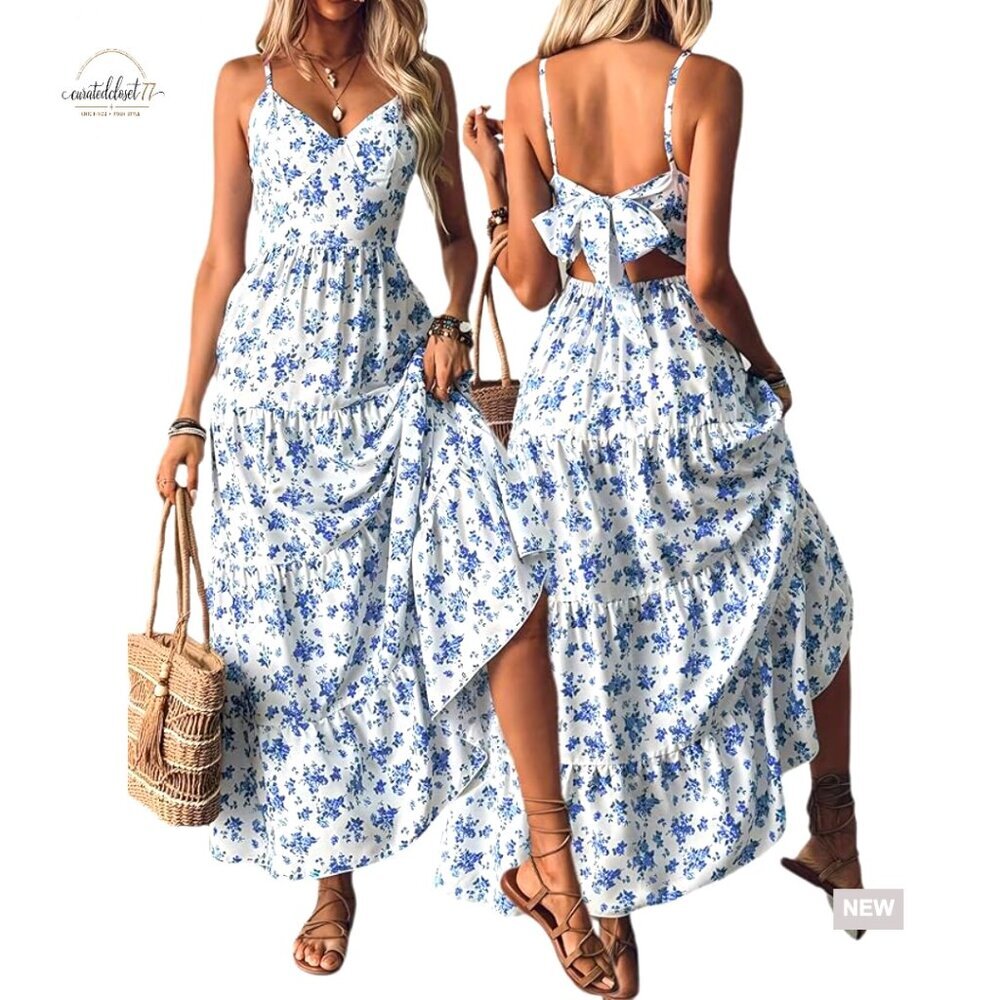 Women's Casual Summer Floral V-Neck Sleeveless A-Line Dress High Waist